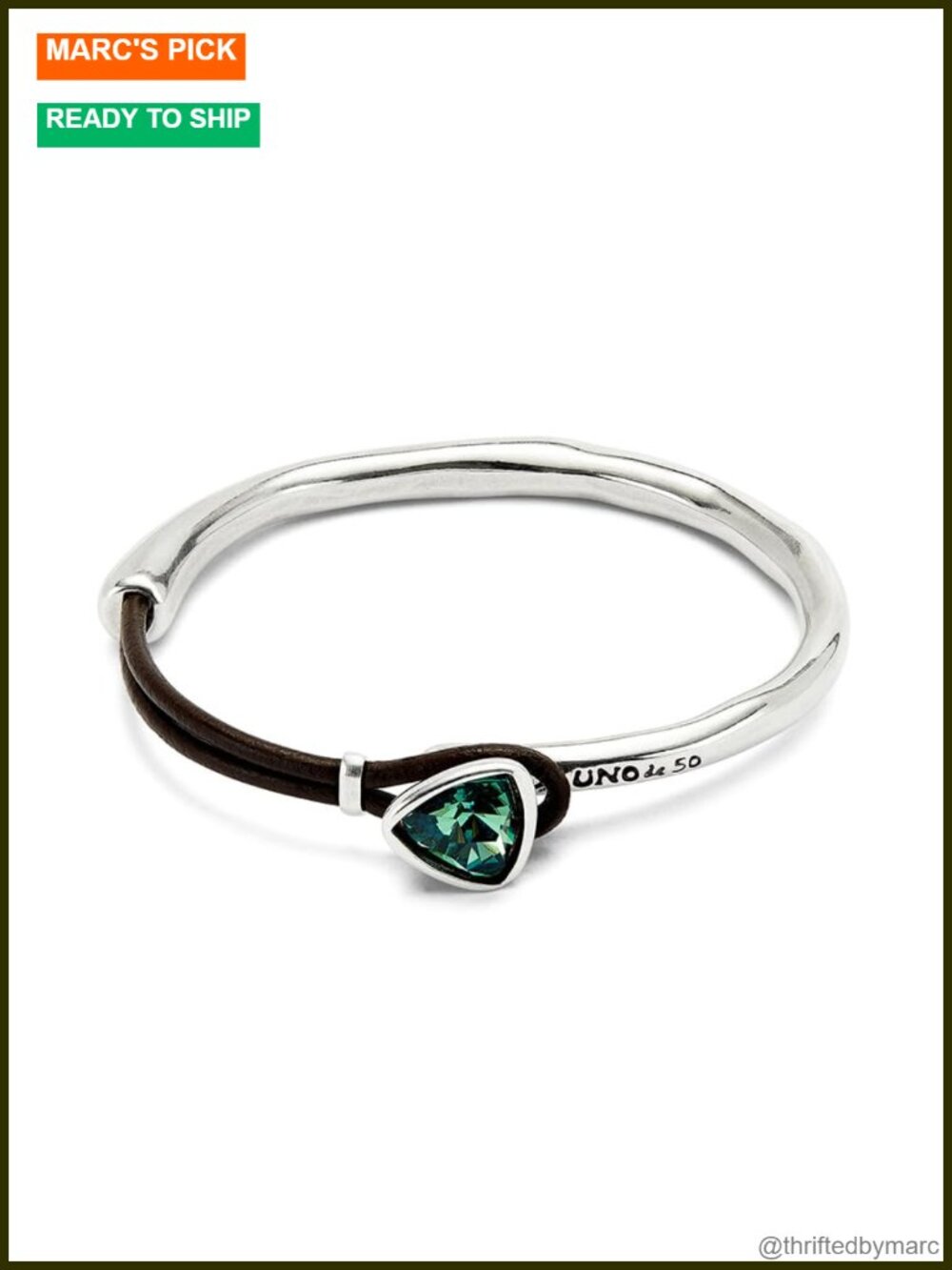 Sterling Silver-Plated Leather Cuff Bracelet with Green Crystal